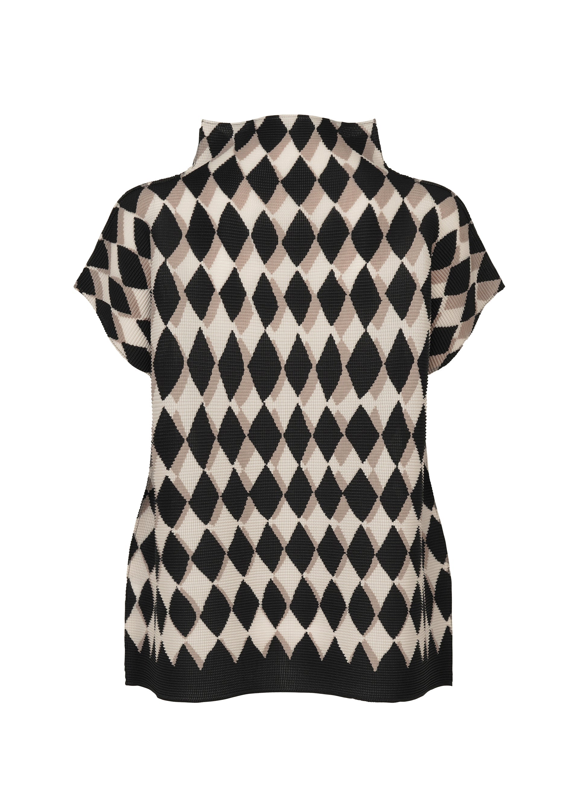 Zoomed view The DIAMOND top by me ISSEY MIYAKE is a short-sleeve, stretch-pleated design with a high collar and black and beige diamond motif. Shown flat with the back facing the viewer.