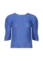 The TWINKLE STAR top from me ISSEY MIYAKE features textured blue fabric with colorful star patterns, a round neck, and puffed short sleeves—perfect for adding a playful touch to your casual style. - BLUE-HUED （no.78）