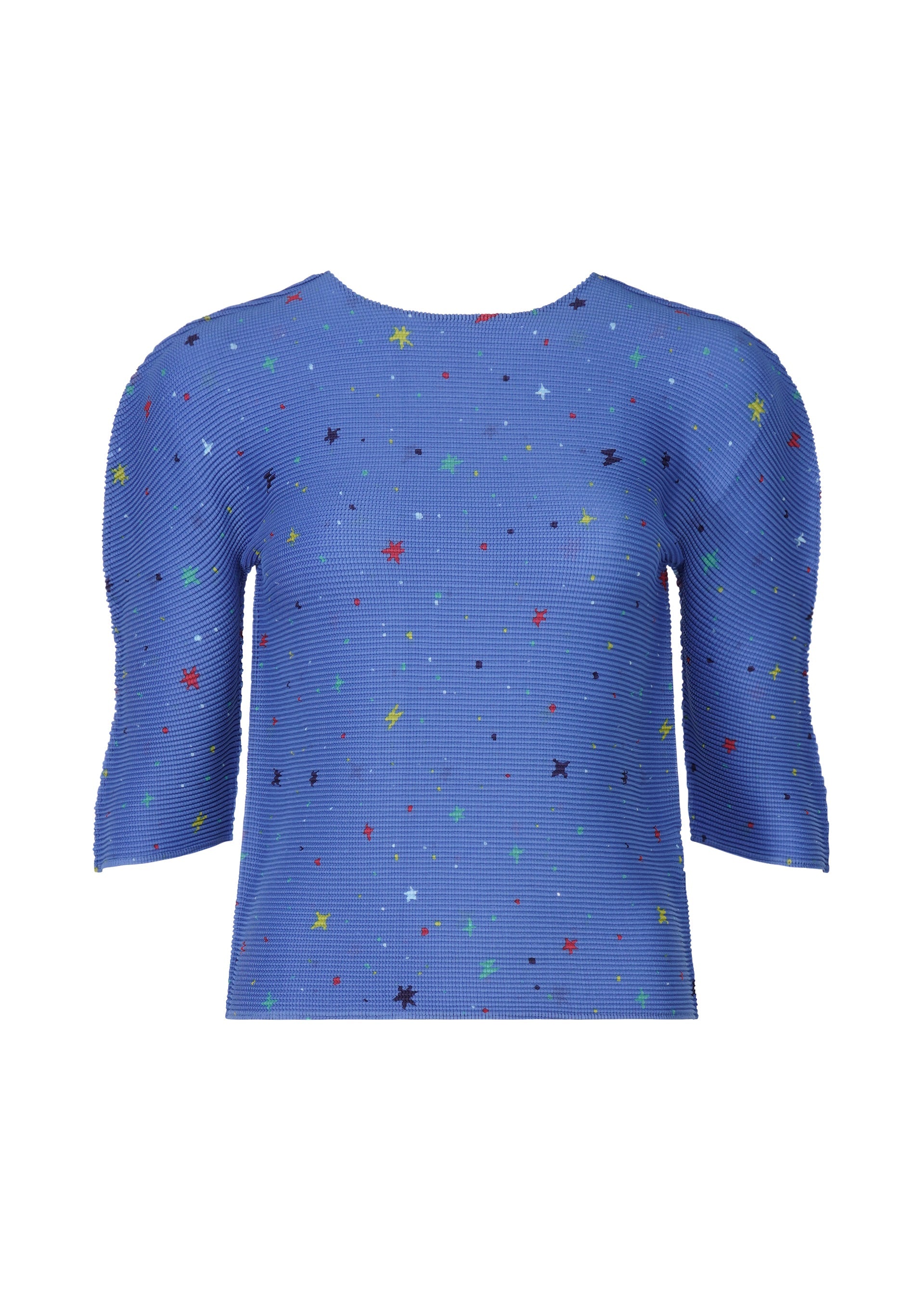 Zoomed view The TWINKLE STAR top from me ISSEY MIYAKE features textured blue fabric with colorful star patterns, a round neck, and puffed short sleeves—perfect for adding a playful touch to your casual style. - BLUE-HUED （no.78）
