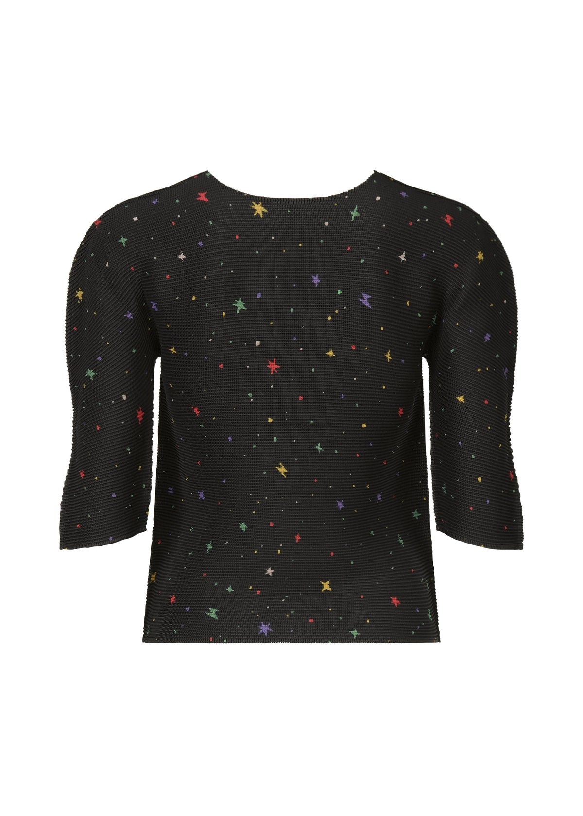 The TWINKLE STAR top by me ISSEY MIYAKE is a black, round-neck short-sleeve with colorful star prints. Its stretch pleats create a textured, fitted silhouette for a vibrant look. view 3 of 6