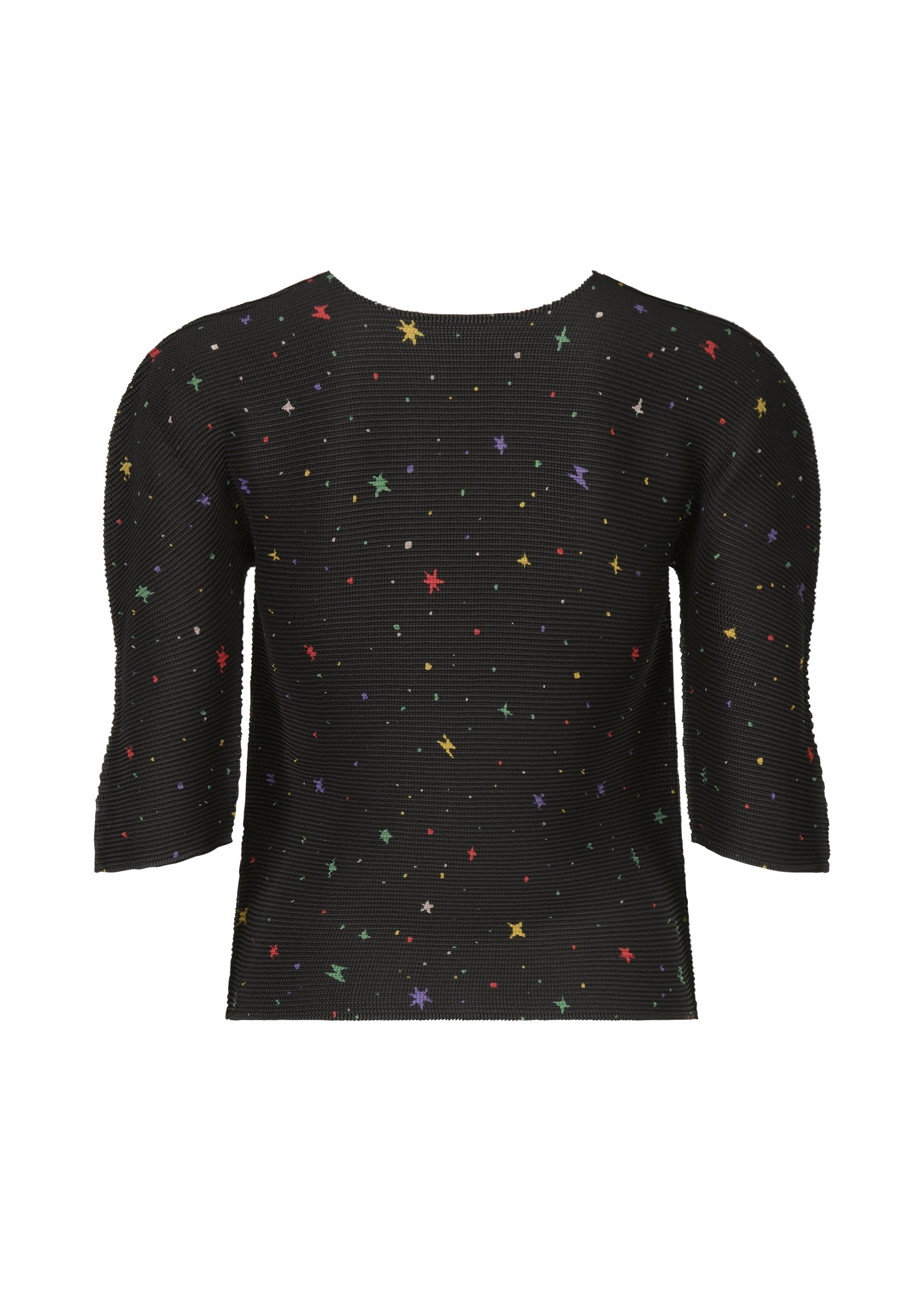 Zoomed view The TWINKLE STAR top by me ISSEY MIYAKE is a black, round-neck short-sleeve with colorful star prints. Its stretch pleats create a textured, fitted silhouette for a vibrant look.