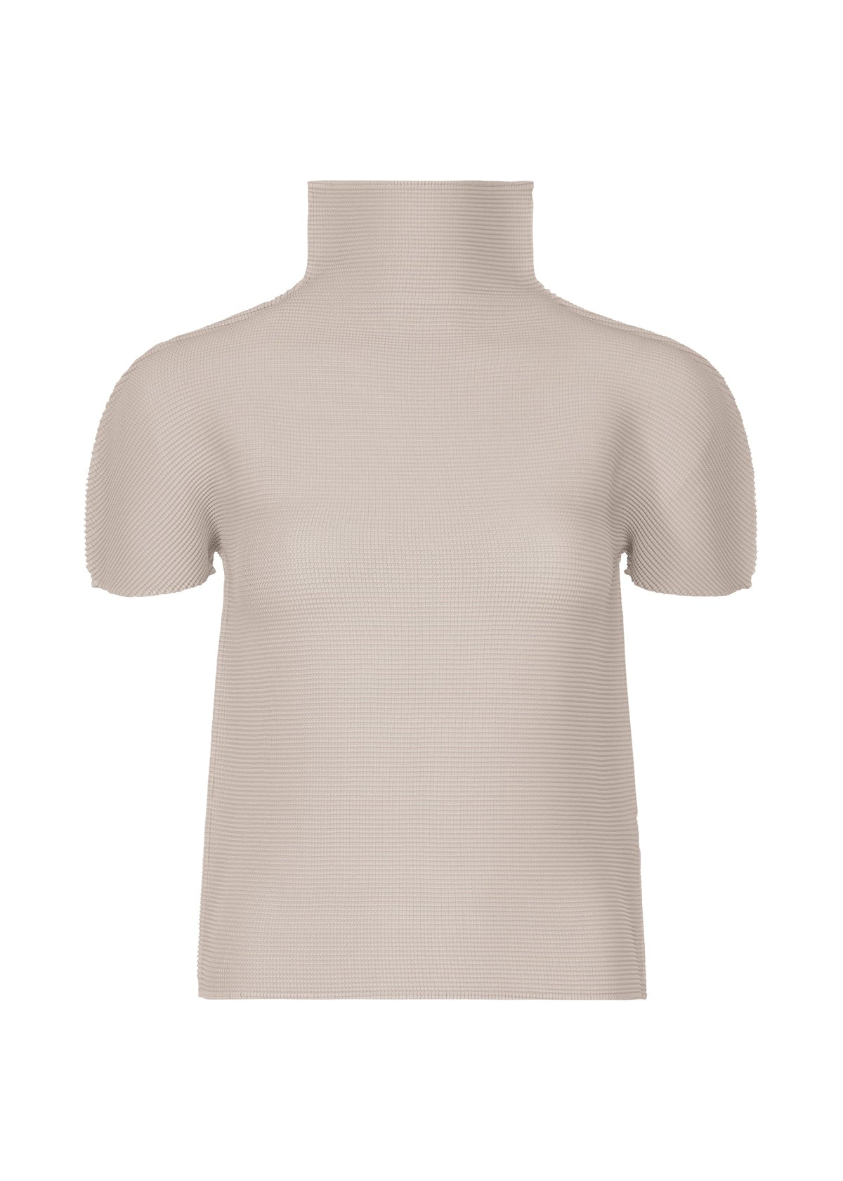 The STRETCH PLEATS 3 by me ISSEY MIYAKE is a beige, short-sleeved top with ribbed, stretch pleats and a mock-neck collar. Its fitted silhouette is sleek and unadorned, shown against a white background. view 1 of 7