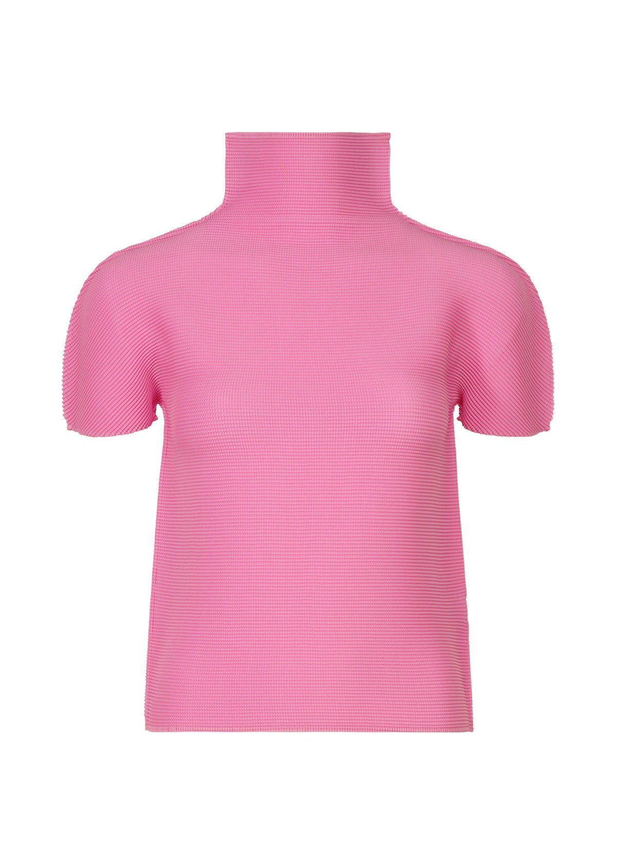 The me ISSEY MIYAKE STRETCH PLEATS 3, a pink short-sleeved high-neck top with ribbed knit stretch pleats, is shown against a white background. view 2 of 7