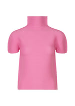 The me ISSEY MIYAKE STRETCH PLEATS 3, a pink short-sleeved high-neck top with ribbed knit stretch pleats, is shown against a white background. - ROSE PINK （no.21）