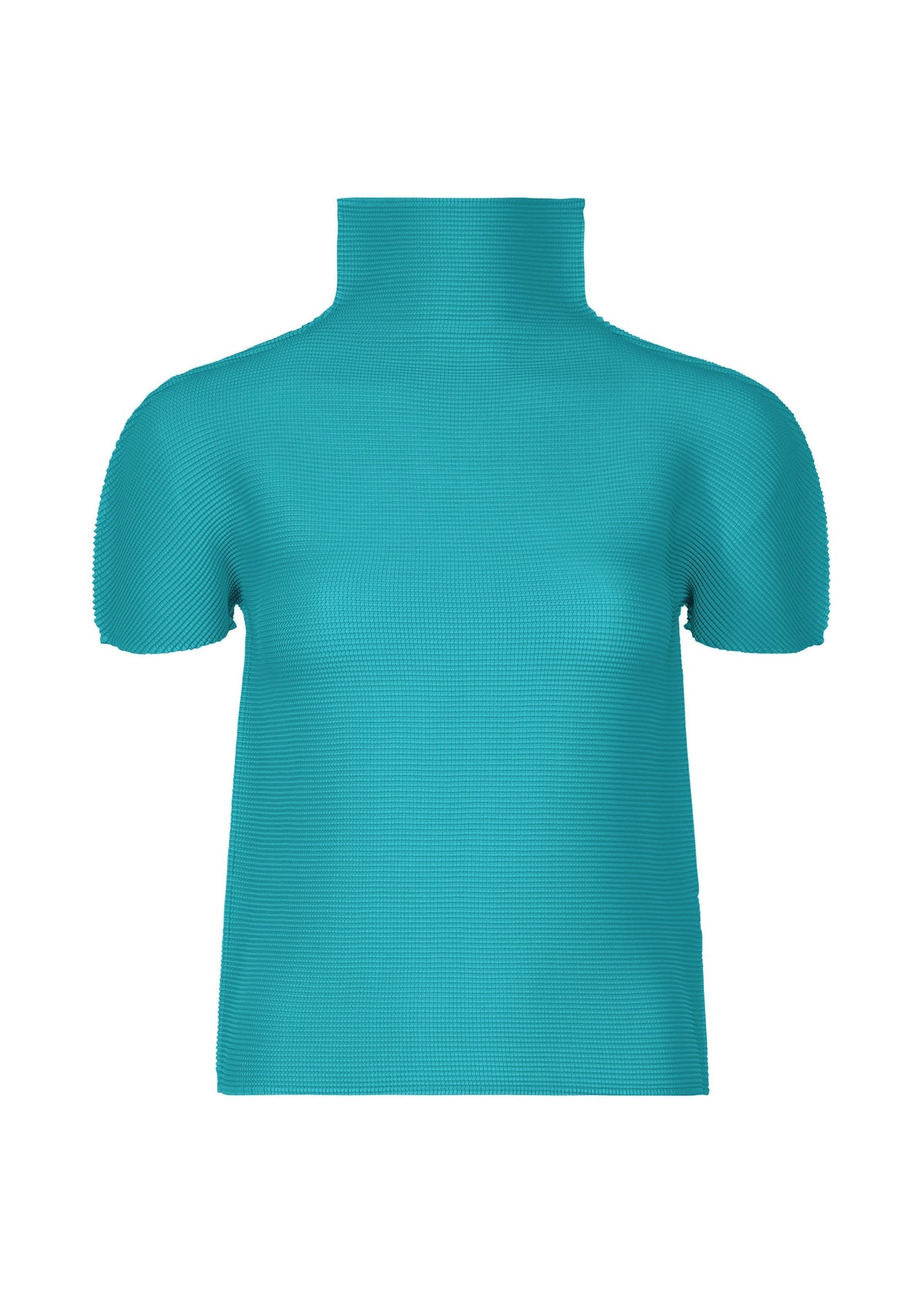 The STRETCH PLEATS 3 by me ISSEY MIYAKE is a turquoise high-neck, short-sleeved top in ribbed fabric with stretch pleats, showcased on a white background for a fitted, stylish, and comfortable look. view 3 of 7