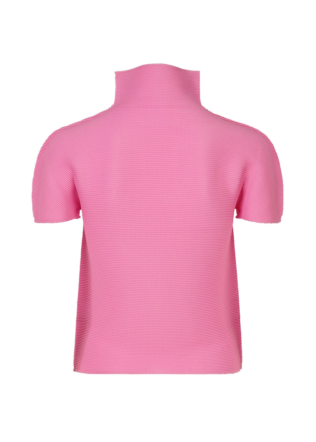 The STRETCH PLEATS 3 by me ISSEY MIYAKE is a light pink, short-sleeved, high-neck top with stretch pleats, shown from the back against a white background. view 4 of 7