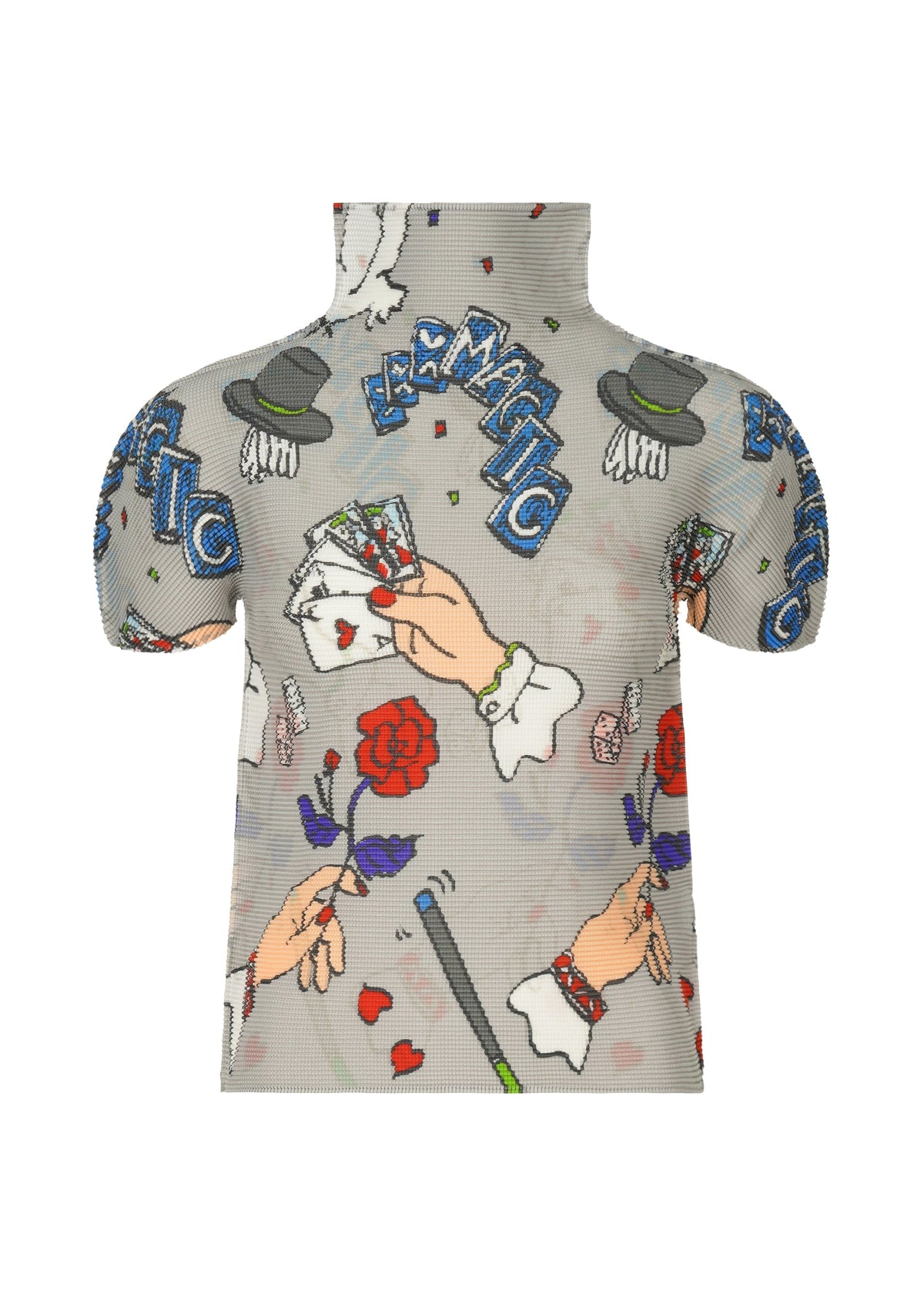 The MAGIC top by me ISSEY MIYAKE is a sheer high-neck, short-sleeved piece with puff sleeves, showcasing a playful magic marker print of magician hands, playing cards, roses, hats, wands, and "ENCHANTIC" in blue. view 1 of 6