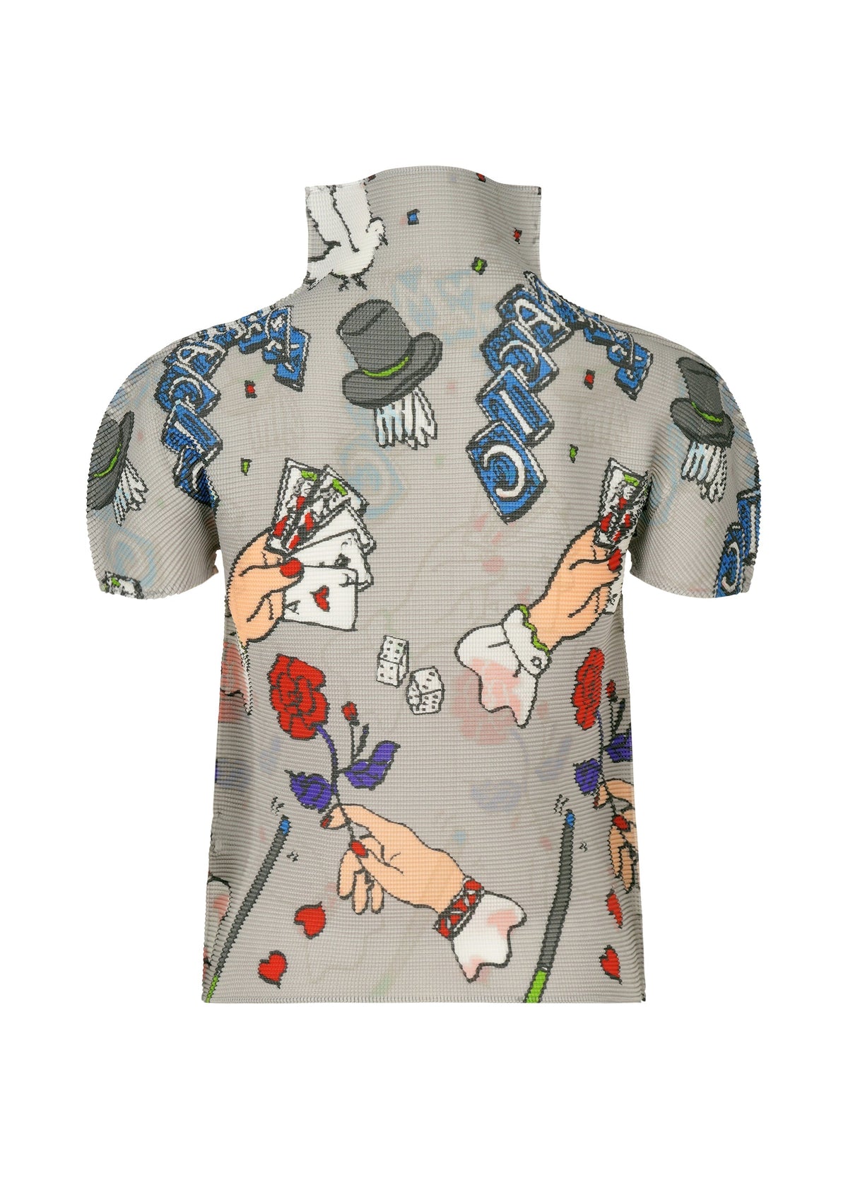 The MAGIC top by me ISSEY MIYAKE is a high-neck, short-sleeved style with puffed sleeves, featuring a playful magic marker print of hands, playing cards, dice, roses, magic hats, and “STARS” in blue on a light background. view 3 of 6
