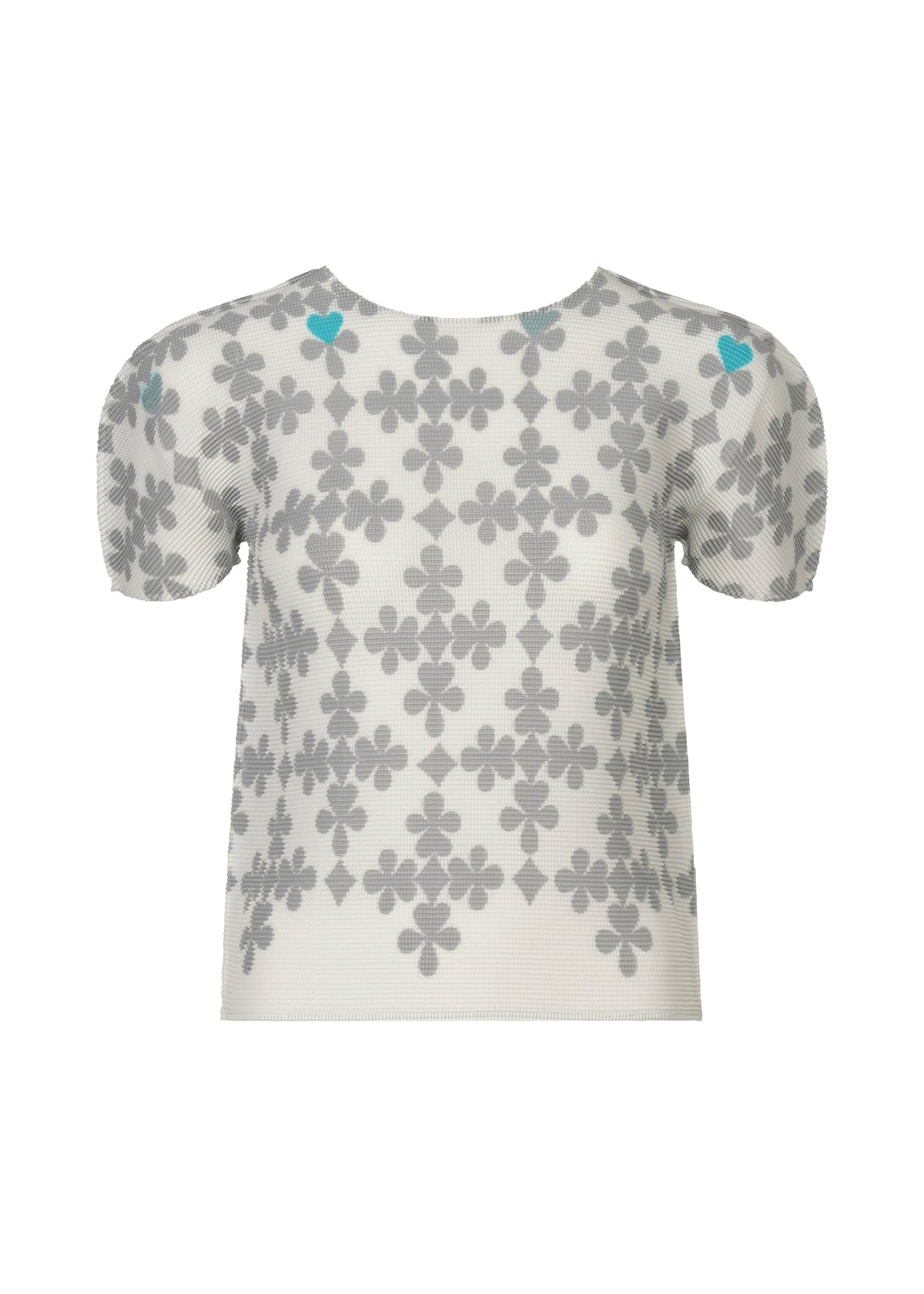 A textured, short-sleeved white SUIT top by me ISSEY MIYAKE, featuring stretch pleats, a gray floral print, two light blue hearts on the shoulders, puffed sleeves, and a subtle playing card motif. view 1 of 7
