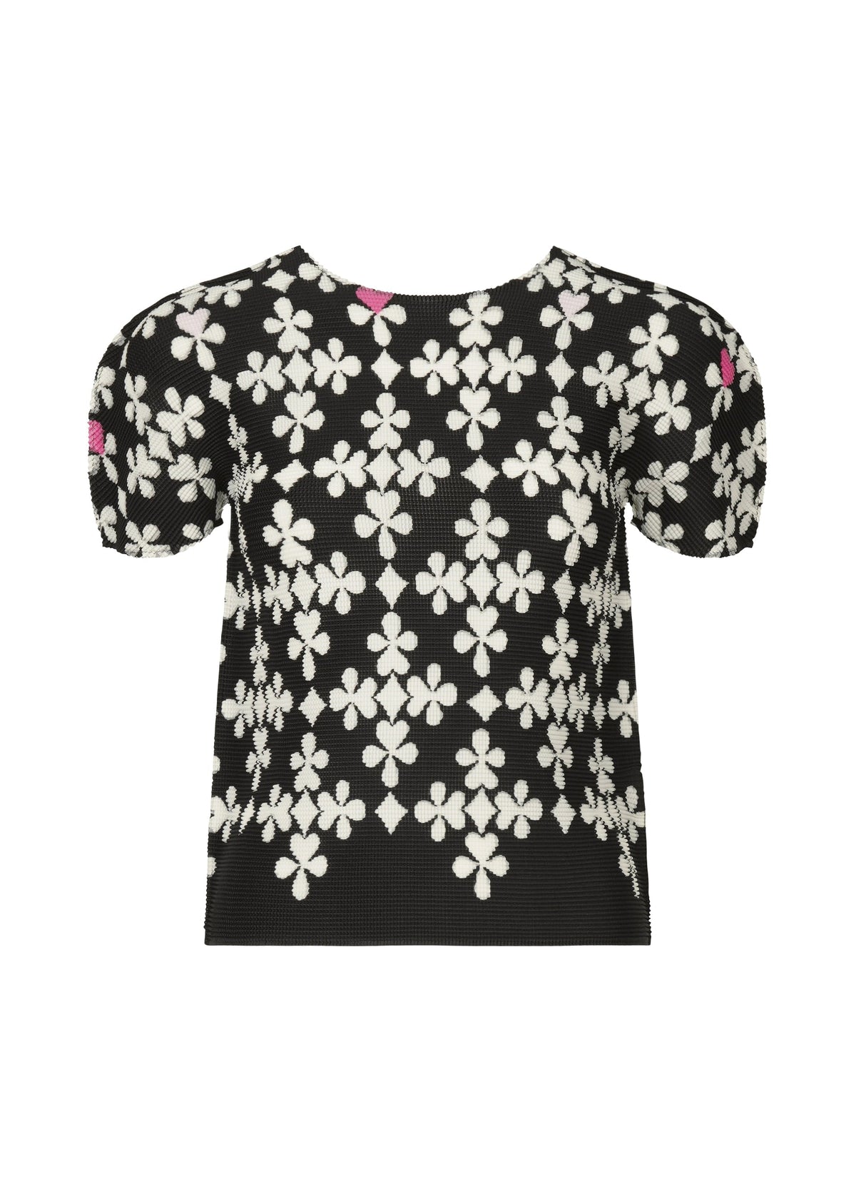 The SUIT by me ISSEY MIYAKE is a black, short-sleeved stretch pleats top with white four-petal playing card motifs and pink accents on the shoulders and sleeves. view 2 of 7