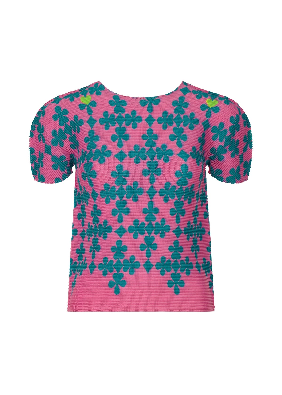 The SUIT by me ISSEY MIYAKE is a pink, short-sleeved stretch pleats top with green floral patterns in a diamond grid, inspired by playing cards. It features slightly puffed sleeves and a round neckline. view 3 of 7