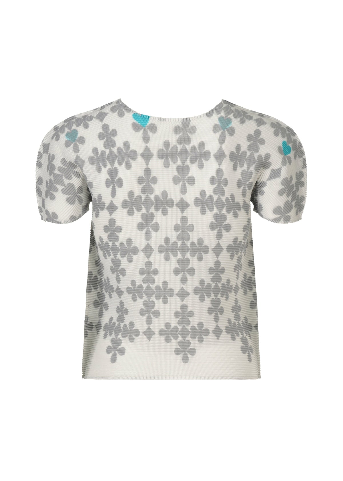 The SUIT by me ISSEY MIYAKE is a short-sleeved white mesh top with gray and blue floral patterns accented by subtle playing card motifs, shown against a plain white background. view 4 of 7