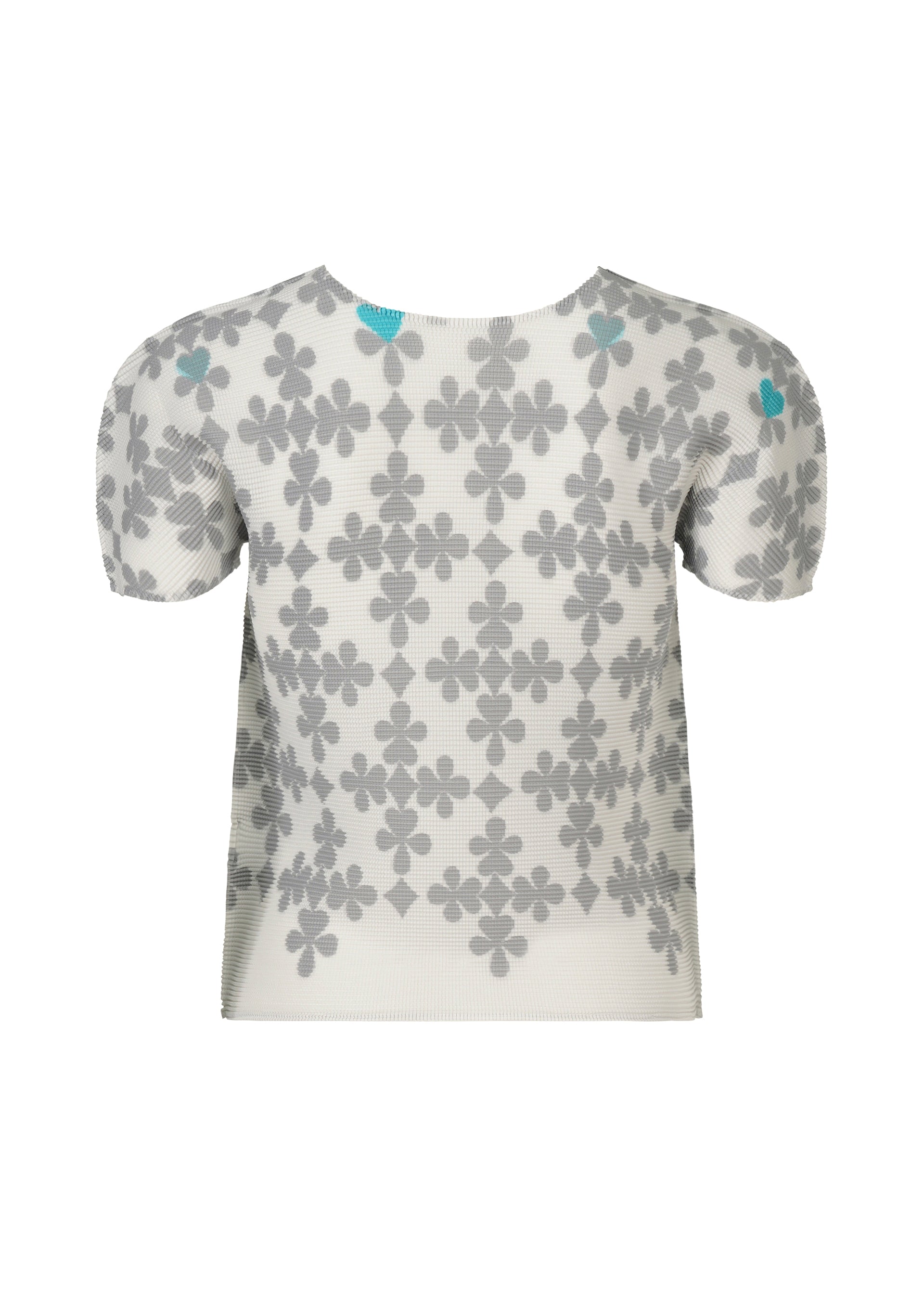 Zoomed view The SUIT by me ISSEY MIYAKE is a short-sleeved white mesh top with gray and blue floral patterns accented by subtle playing card motifs, shown against a plain white background.