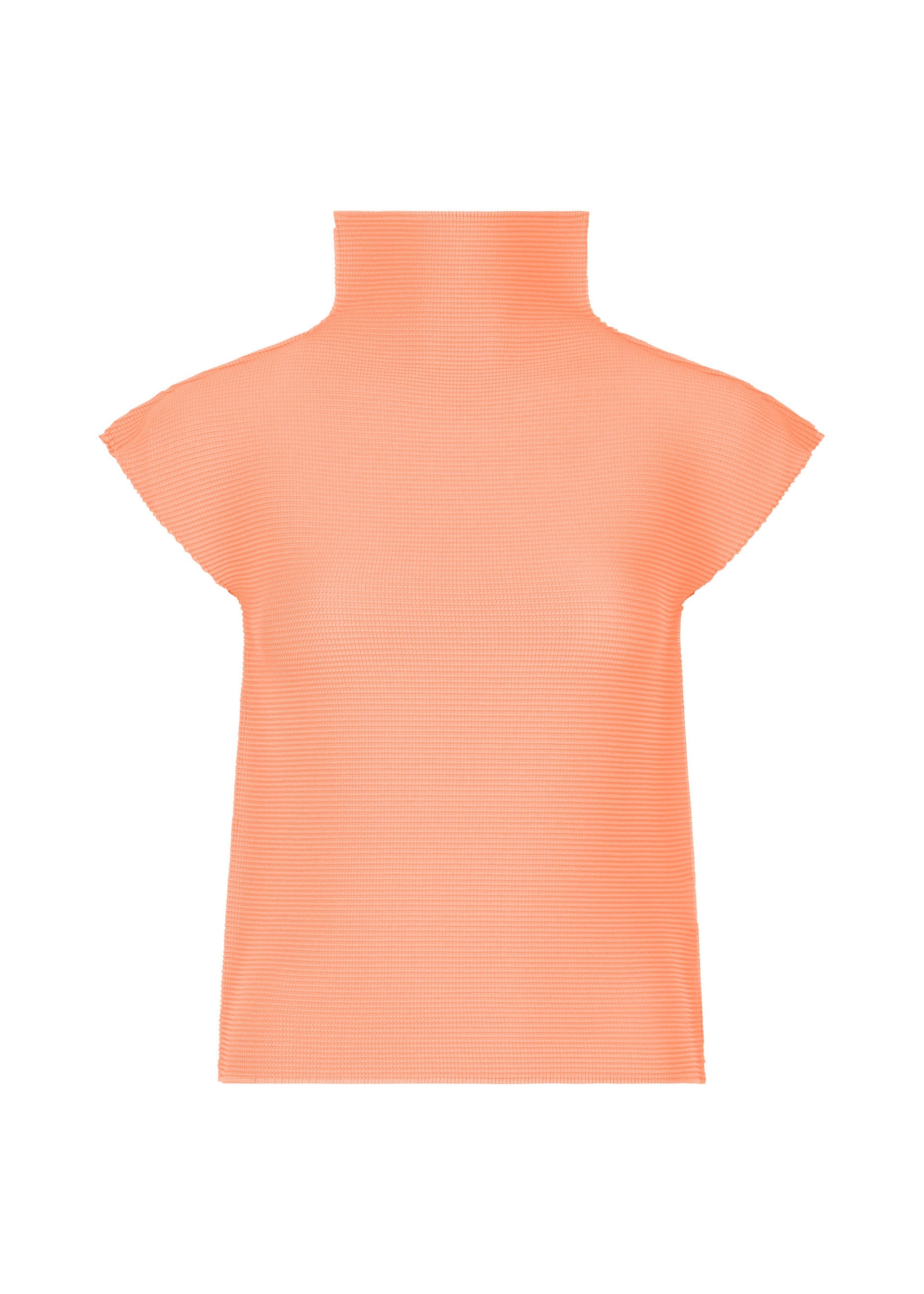 Zoomed view The STRETCH PLEATS 4 by me ISSEY MIYAKE is a sleeveless, high-neck light orange top featuring ribbed texture and subtle stretch pleats, shown against a white background. - PEACH （no.30）