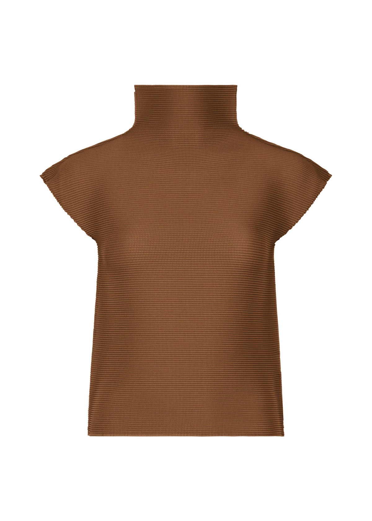 The STRETCH PLEATS 4 by me ISSEY MIYAKE is a brown, ribbed high-neck top with stretch pleats, French sleeves, a turtleneck collar, and capped arms, shown against a white background. view 2 of 7