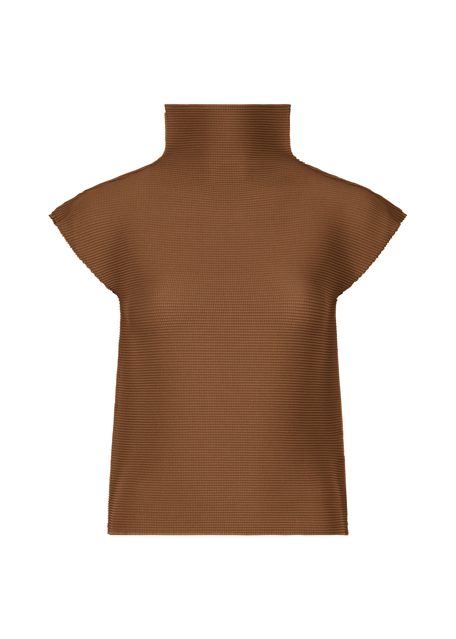 Zoomed view The STRETCH PLEATS 4 by me ISSEY MIYAKE is a brown, ribbed high-neck top with stretch pleats, French sleeves, a turtleneck collar, and capped arms, shown against a white background. - BROWN （no.44）