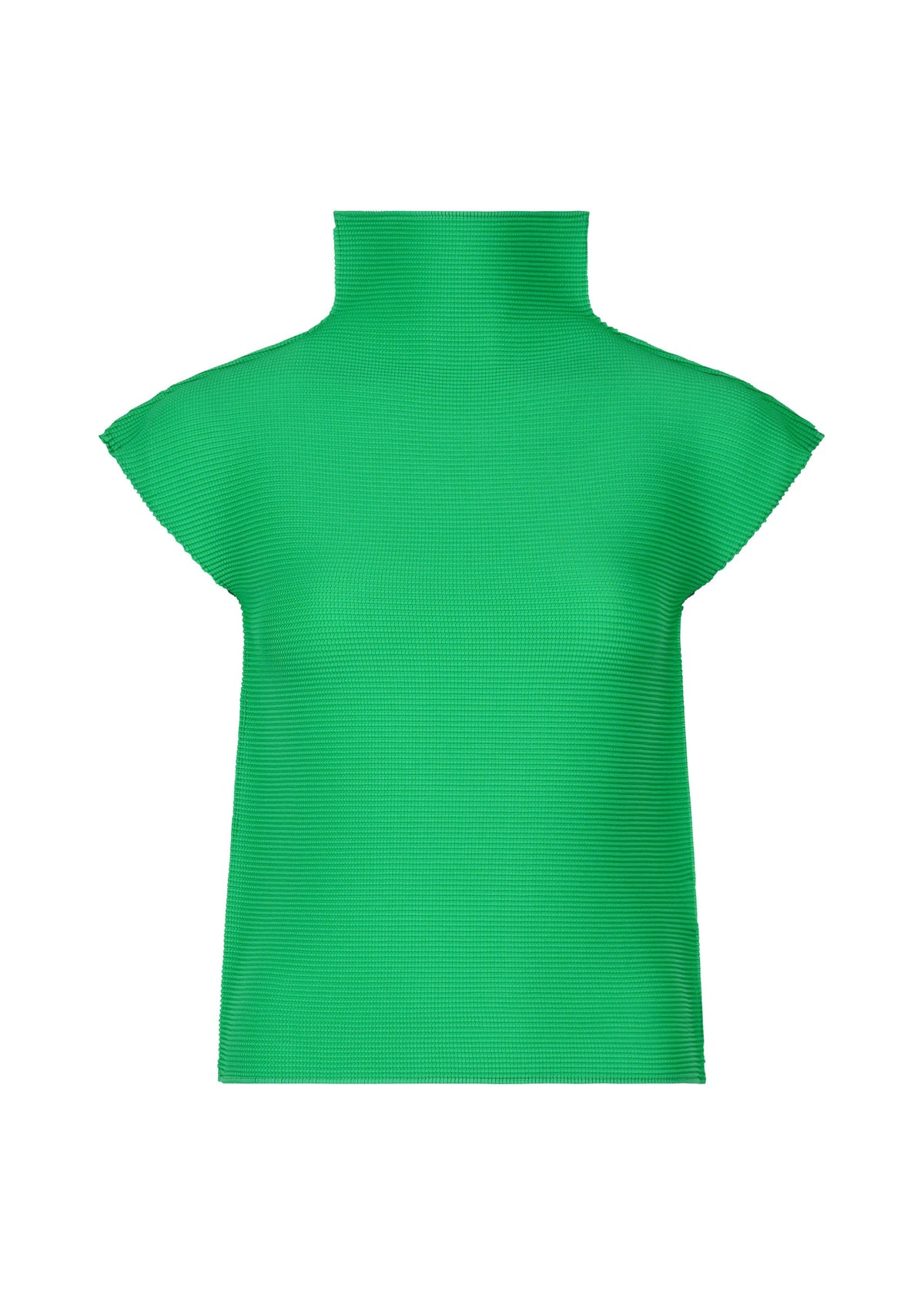 The STRETCH PLEATS 4 by me ISSEY MIYAKE is a bright green, short-sleeve ribbed high-neck top with a fitted, structured silhouette and subtle stretch pleats, shown on a white background. view 3 of 7