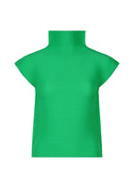 The STRETCH PLEATS 4 by me ISSEY MIYAKE is a bright green, short-sleeve ribbed high-neck top with a fitted, structured silhouette and subtle stretch pleats, shown on a white background. - COBALT GREEN （no.64）