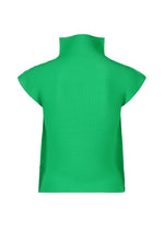 The STRETCH PLEATS 4 by me ISSEY MIYAKE is a bright green, high-neck top with French sleeves and textured stretch-pleats fabric, shown on a plain white background.