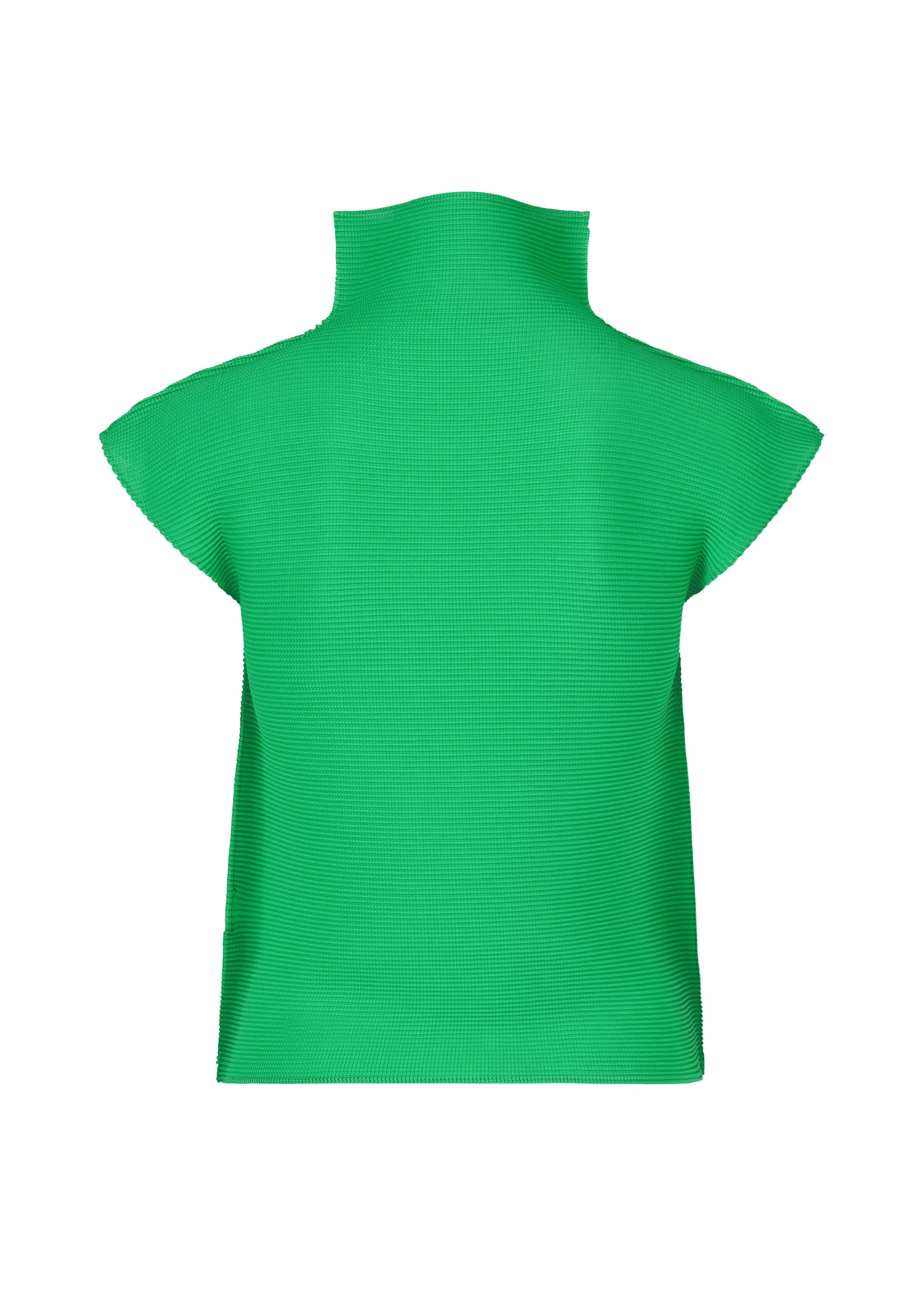 Zoomed view The STRETCH PLEATS 4 by me ISSEY MIYAKE is a bright green, high-neck top with French sleeves and textured stretch-pleats fabric, shown on a plain white background.