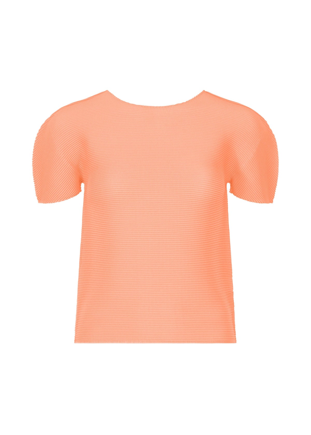 The me ISSEY MIYAKE STRETCH PLEATS 4 is a peach short-sleeved top with a round neckline, shown on a white background. Its fabric has subtle stretch pleats that add texture and style. view 1 of 7