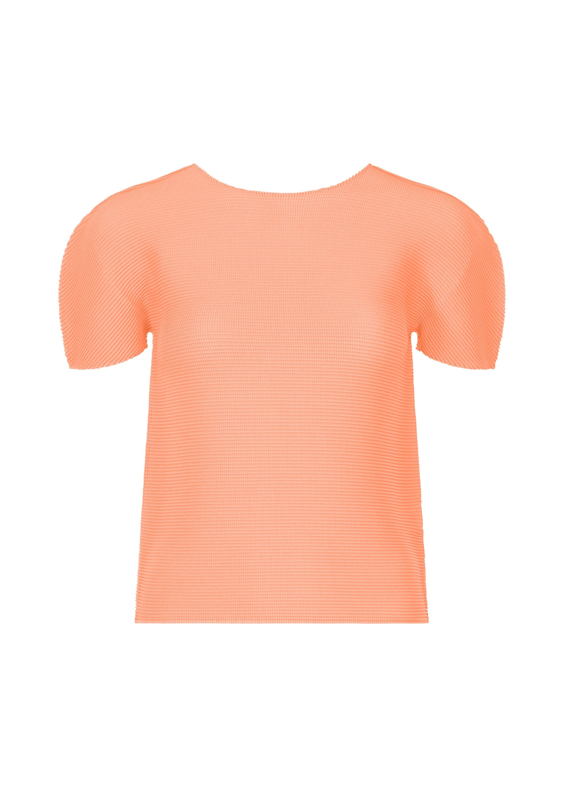 Zoomed view The me ISSEY MIYAKE STRETCH PLEATS 4 is a peach short-sleeved top with a round neckline, shown on a white background. Its fabric has subtle stretch pleats that add texture and style. - PEACH (no.30)