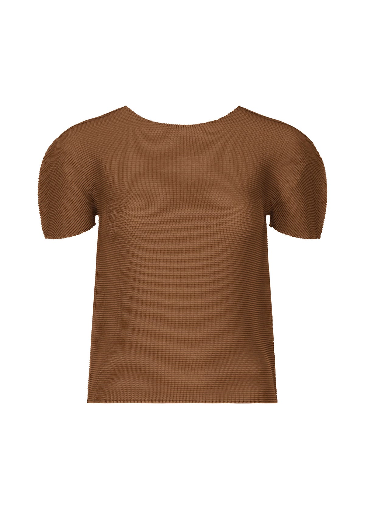 The STRETCH PLEATS 4 by me ISSEY MIYAKE is a brown short-sleeved top with subtle stretch pleats and a round neckline, shown on a white background. Its design is simple and minimalistic. view 2 of 7