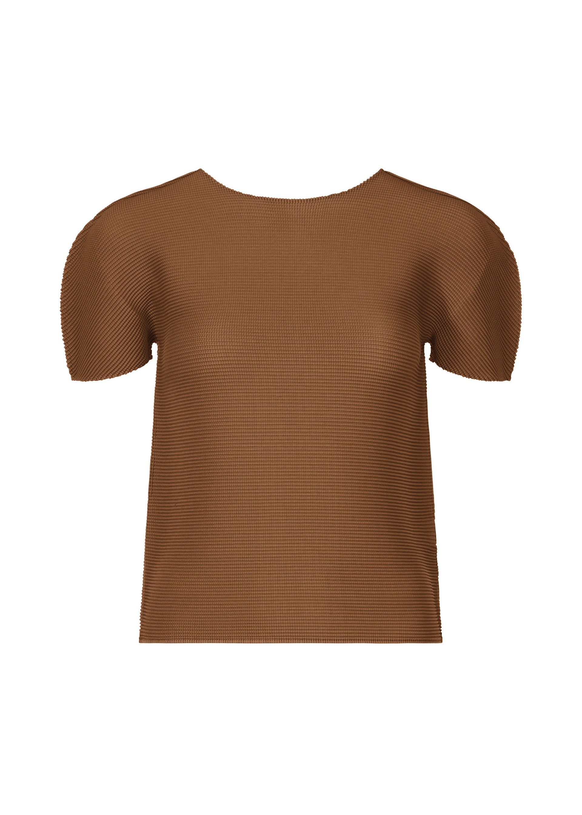 Zoomed view The STRETCH PLEATS 4 by me ISSEY MIYAKE is a brown short-sleeved top with subtle stretch pleats and a round neckline, shown on a white background. Its design is simple and minimalistic. - BROWN (no.44)