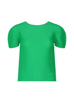 The STRETCH PLEATS 4 by me ISSEY MIYAKE is a bright green, short-sleeved top with ribbed stretch pleats and a round neckline, shown on a white background. - COBALT GREEN (no.64)