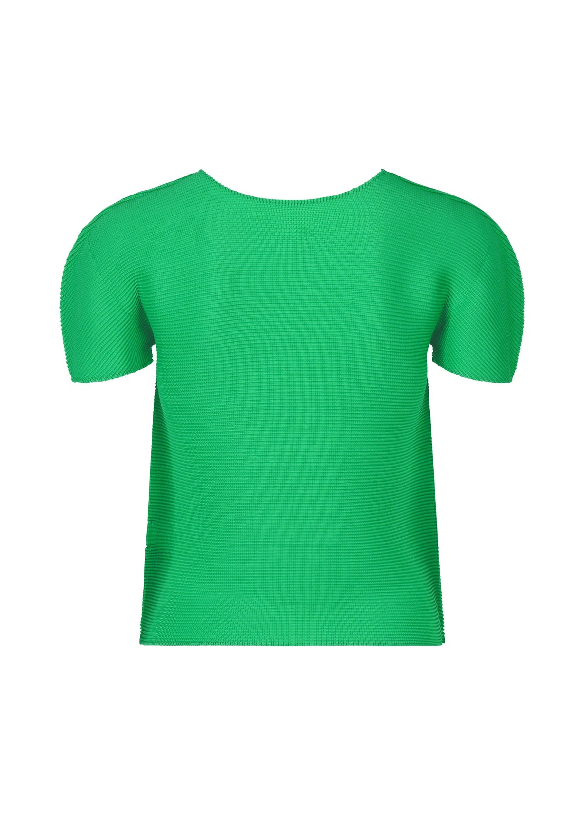 The STRETCH PLEATS 4 top by me ISSEY MIYAKE is shown from the back on a white background. This bright green, short-sleeved top features subtle ribbed texture, stretch pleats, and a simple round neckline. view 4 of 7