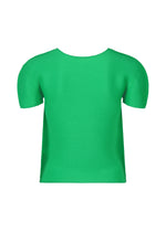 The STRETCH PLEATS 4 top by me ISSEY MIYAKE is shown from the back on a white background. This bright green, short-sleeved top features subtle ribbed texture, stretch pleats, and a simple round neckline.