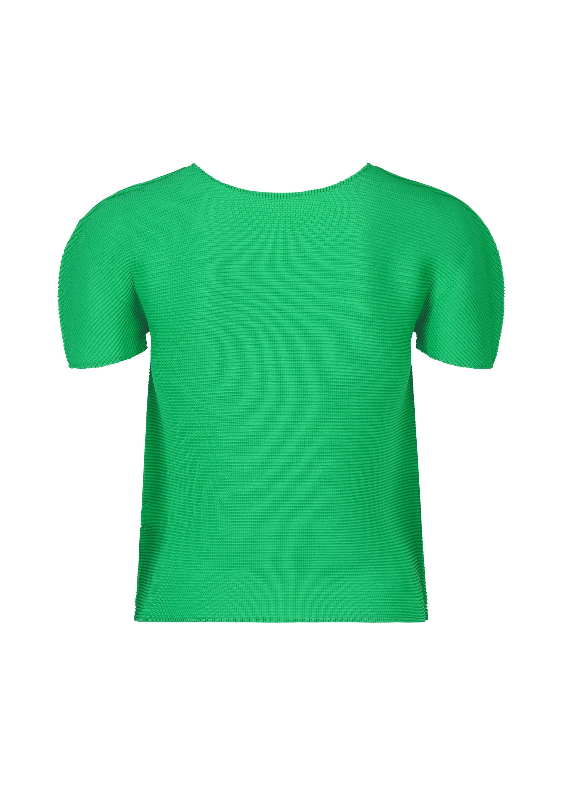 Zoomed view The STRETCH PLEATS 4 top by me ISSEY MIYAKE is shown from the back on a white background. This bright green, short-sleeved top features subtle ribbed texture, stretch pleats, and a simple round neckline.