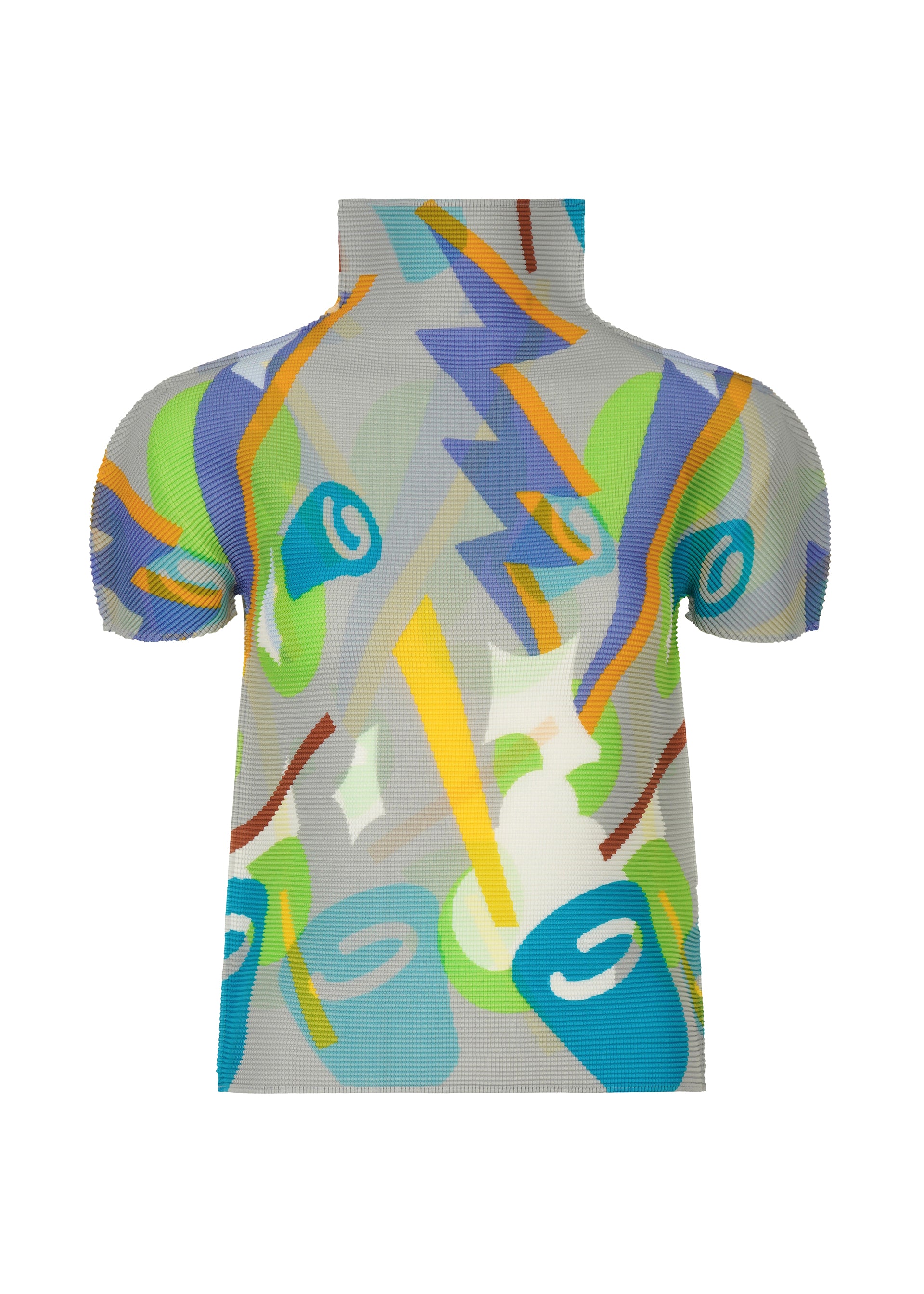 Zoomed view The SURPRISE BOX top by me ISSEY MIYAKE is a stretchy, pleated short-sleeve turtleneck featuring a vivid abstract print of bold shapes, swirls, and lightning bolts in blue, yellow, green, and orange on white. - GRAY-HUED （no.17）