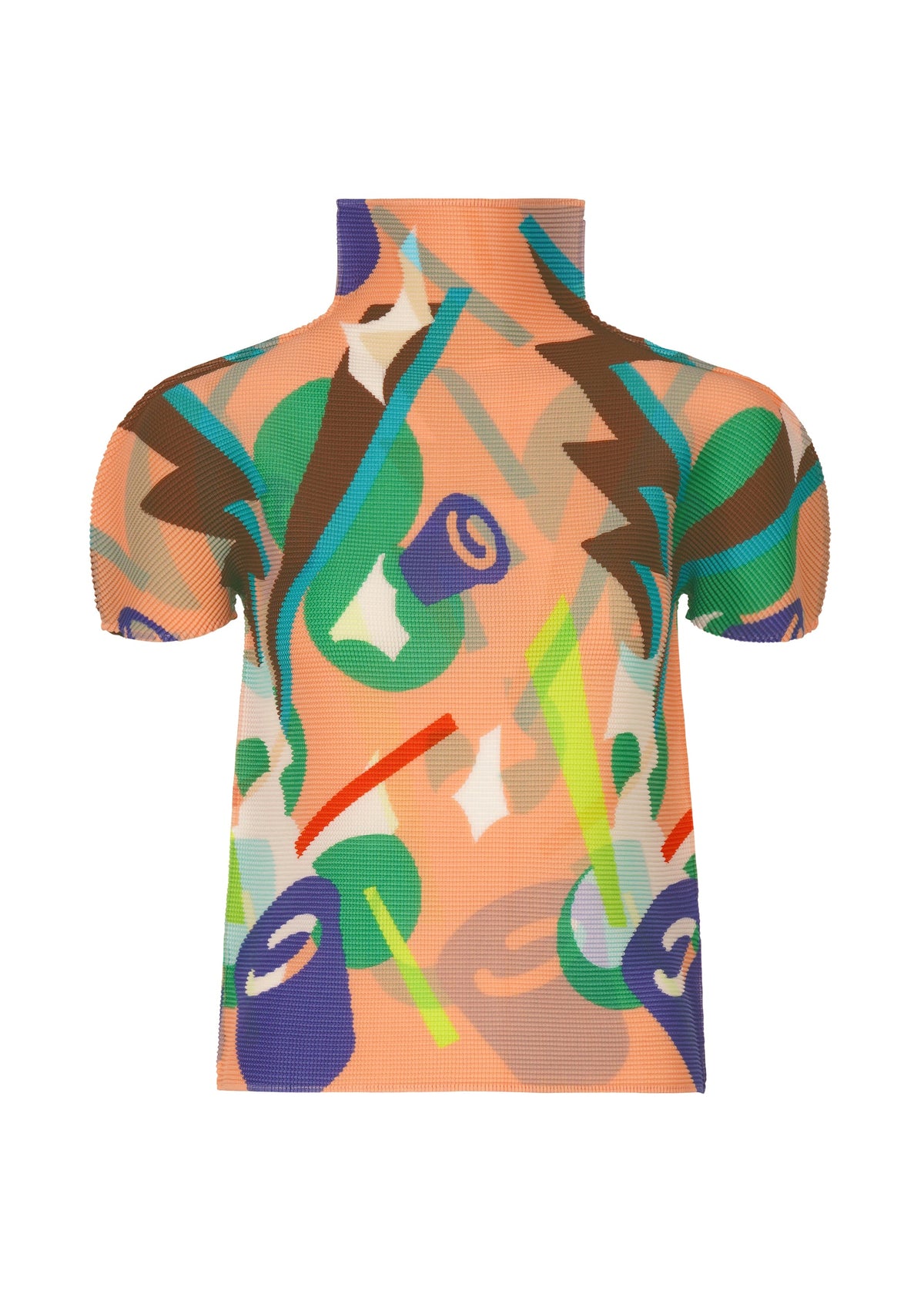 The SURPRISE BOX top by me ISSEY MIYAKE is a short-sleeved, high-neck piece with a jack-in-the-box print in green, brown, blue, and red on peach. Its abstract pattern creates an eye-catching layered effect. view 2 of 7