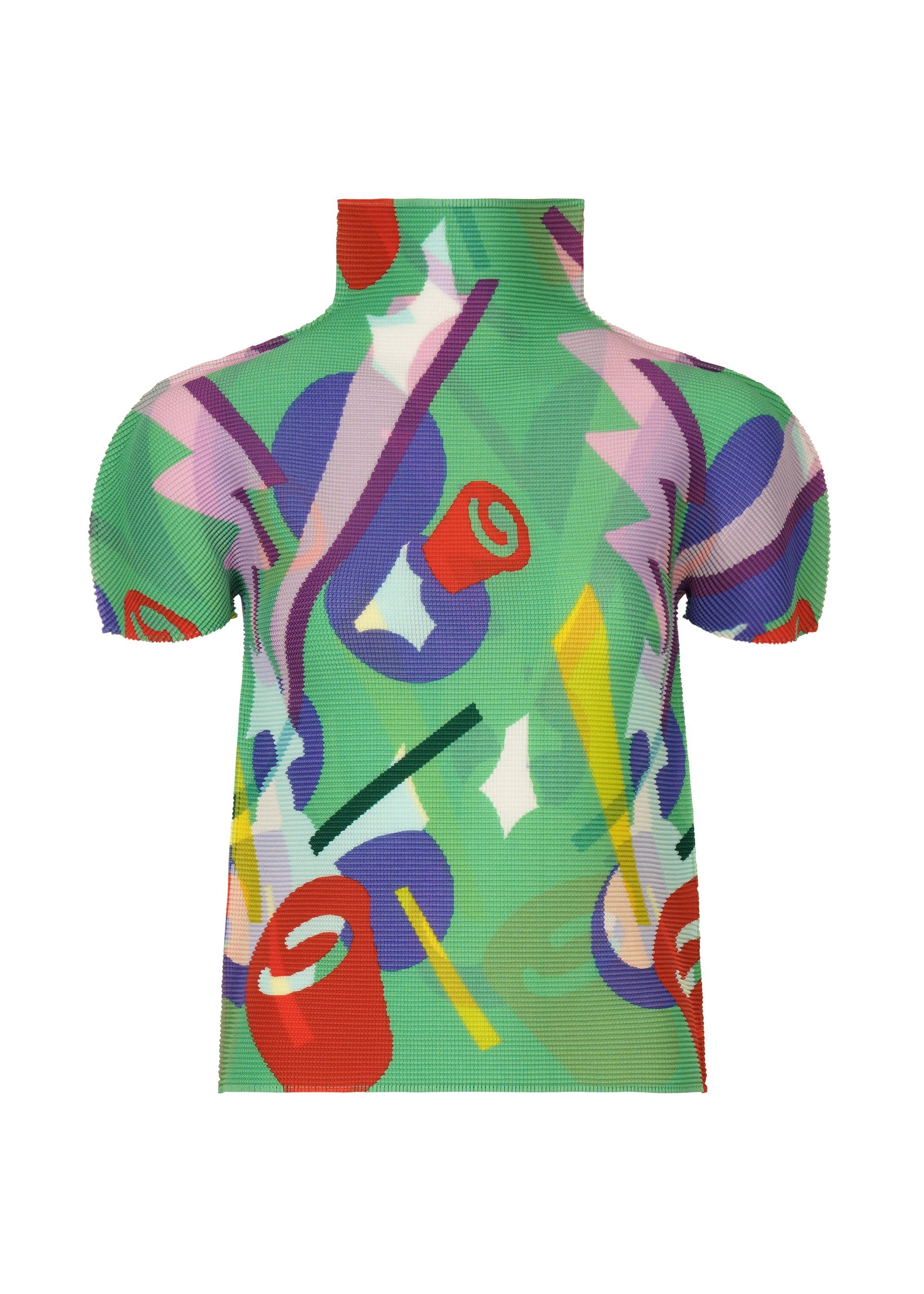 Zoomed view The SURPRISE BOX top by me ISSEY MIYAKE is a short-sleeved, high-neck green pleated piece with a colorful abstract jack-in-the-box pattern, featuring vibrant red cans, yellow shapes, purple curves, and white starbursts. - GREEN-HUED （no.69）