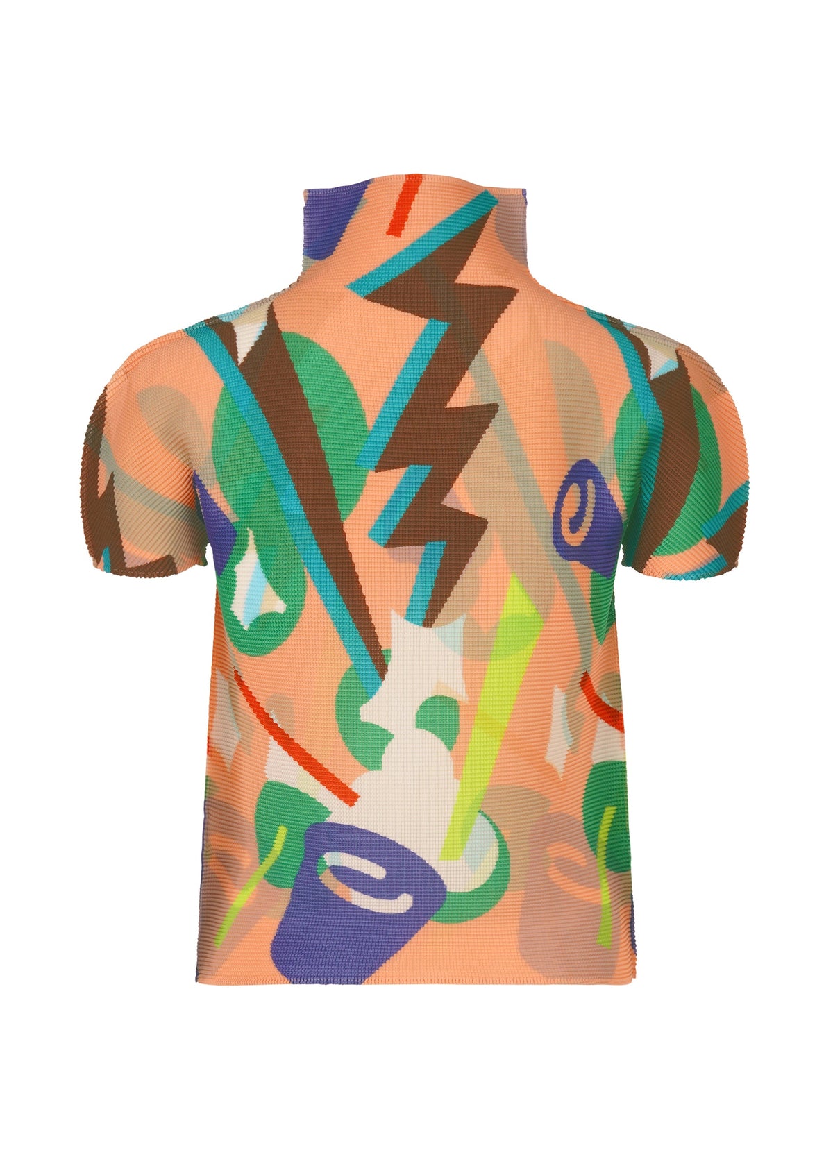 The SURPRISE BOX top by me ISSEY MIYAKE is a stretchy, pleated short-sleeve piece with a high collar and an abstract jack-in-the-box print in green, blue, brown, purple, and orange on light peach. view 4 of 7