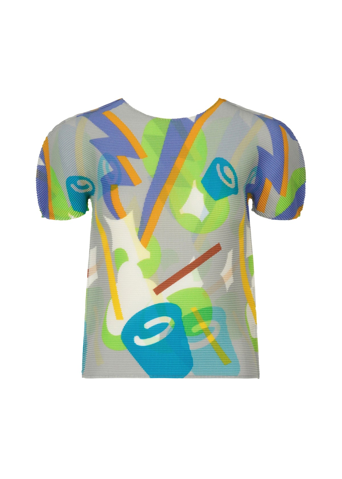 The me ISSEY MIYAKE SURPRISE BOX is a short-sleeved mesh shirt featuring unique pleats and an abstract print with blue, green, white, and orange accents on gray. The round-neck top is shown against a white background. view 1 of 8
