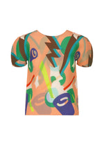The SURPRISE BOX top by me ISSEY MIYAKE features a round neck, short sleeves, and a green, blue, purple, and brown abstract pattern on peach with unique pleats for an artistic and modern layered look. - PEACH-HUED （no.38）
