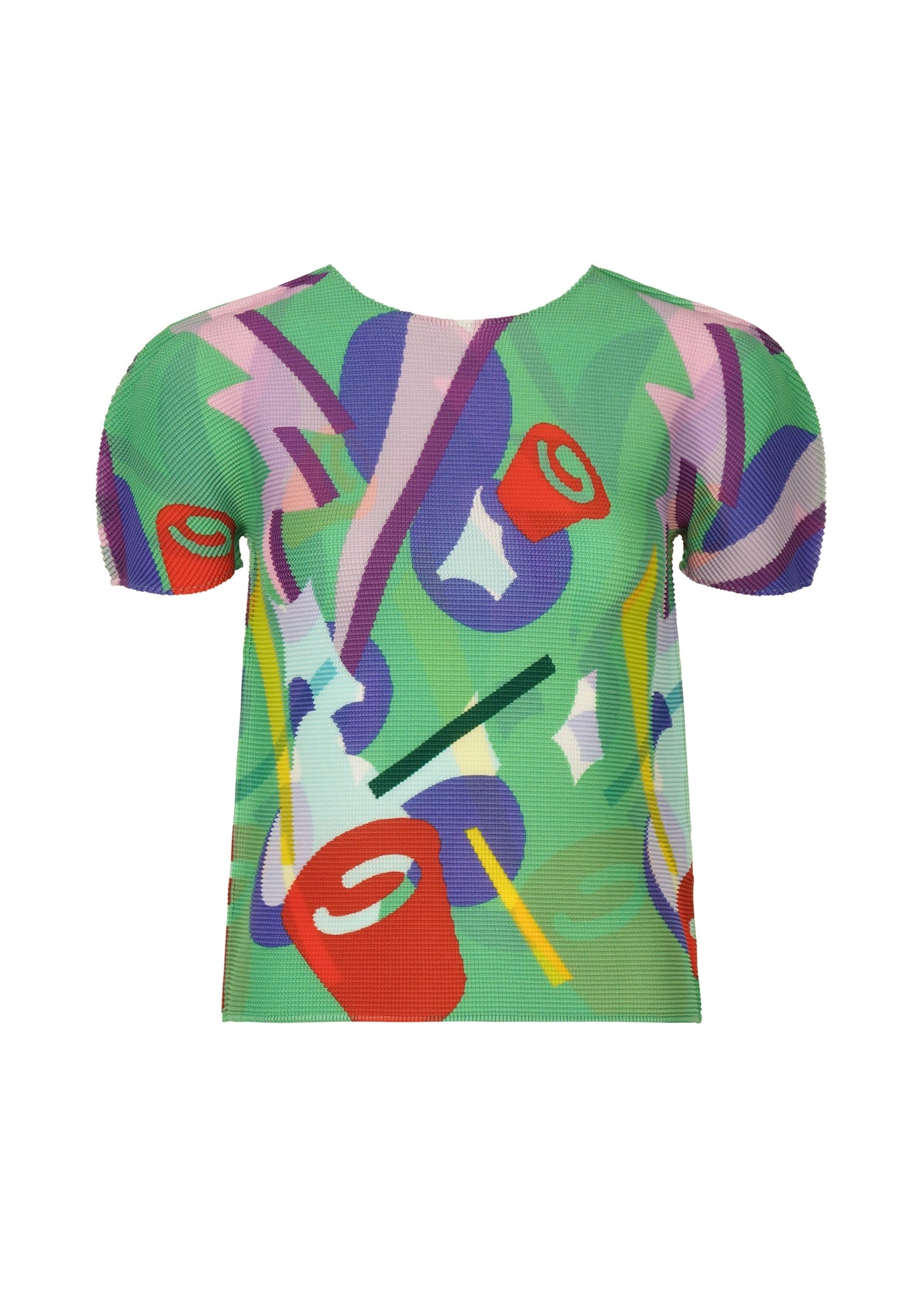The SURPRISE BOX by me ISSEY MIYAKE is a pleated, stretchy round-neck top with short sleeves and a vibrant abstract pattern of red cups, purple shapes, yellow lines, plus green and blue swirls on a green background. view 3 of 8
