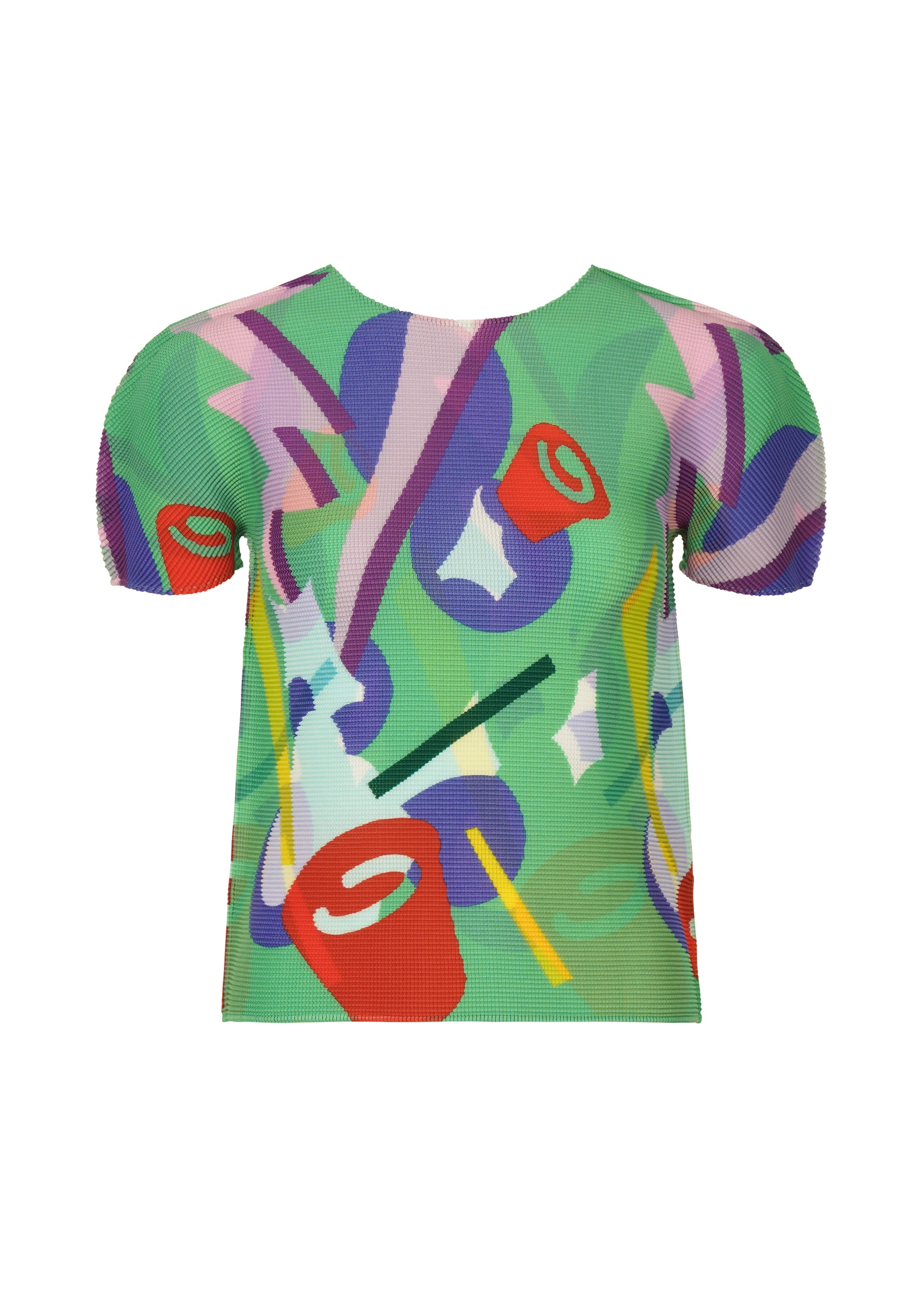 Zoomed view The SURPRISE BOX by me ISSEY MIYAKE is a pleated, stretchy round-neck top with short sleeves and a vibrant abstract pattern of red cups, purple shapes, yellow lines, plus green and blue swirls on a green background. - GREEN-HUED （no.69）