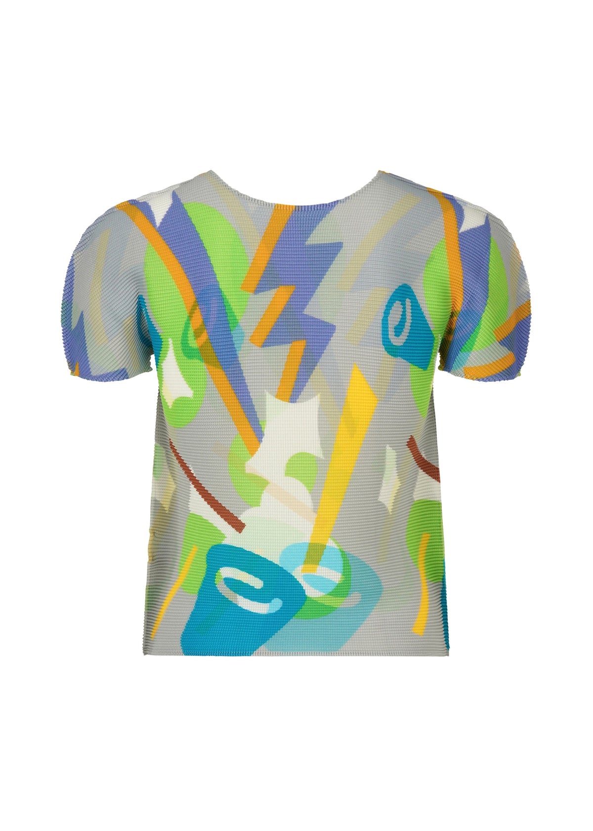 The SURPRISE BOX by me ISSEY MIYAKE is a round-neck, short-sleeved top with colorful abstract blue, green, yellow, and orange shapes plus lightning bolts on light gray pleated fabric. Shown against a white background. view 4 of 8