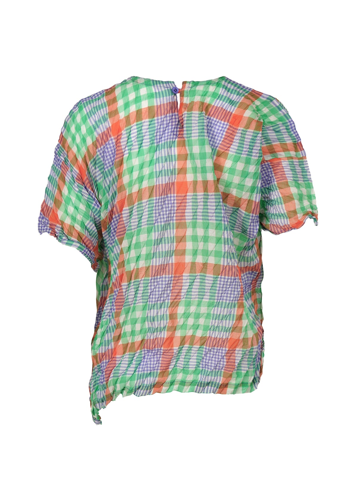 The CHECK WHIPPED PLEATS SHIRT by me ISSEY MIYAKE is a loose-fit, short-sleeved blouse made from yarn-dyed checkered fabric in green, orange, blue, and white plaid, featuring a crinkled texture and an uneven back hem. view 3 of 7