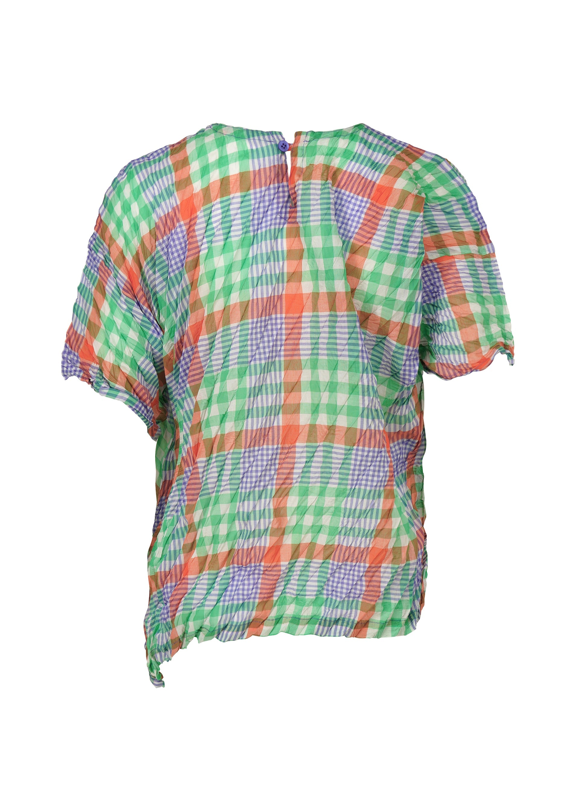 Zoomed view The CHECK WHIPPED PLEATS SHIRT by me ISSEY MIYAKE is a loose-fit, short-sleeved blouse made from yarn-dyed checkered fabric in green, orange, blue, and white plaid, featuring a crinkled texture and an uneven back hem.