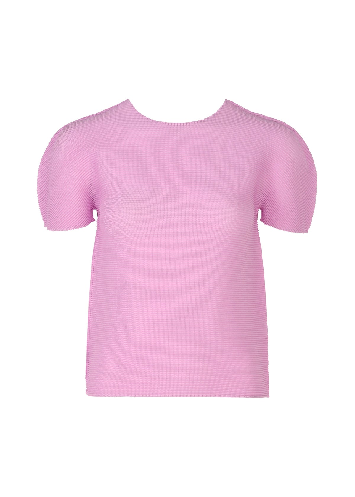 The STRETCH PLEATS 5 by me ISSEY MIYAKE is a light pink, short-sleeved top with stretch pleats and a round neckline, shown on a white background. view 1 of 5