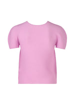 The STRETCH PLEATS 5 by me ISSEY MIYAKE, a light pink short-sleeved top with a round neckline, is shown against a white background.