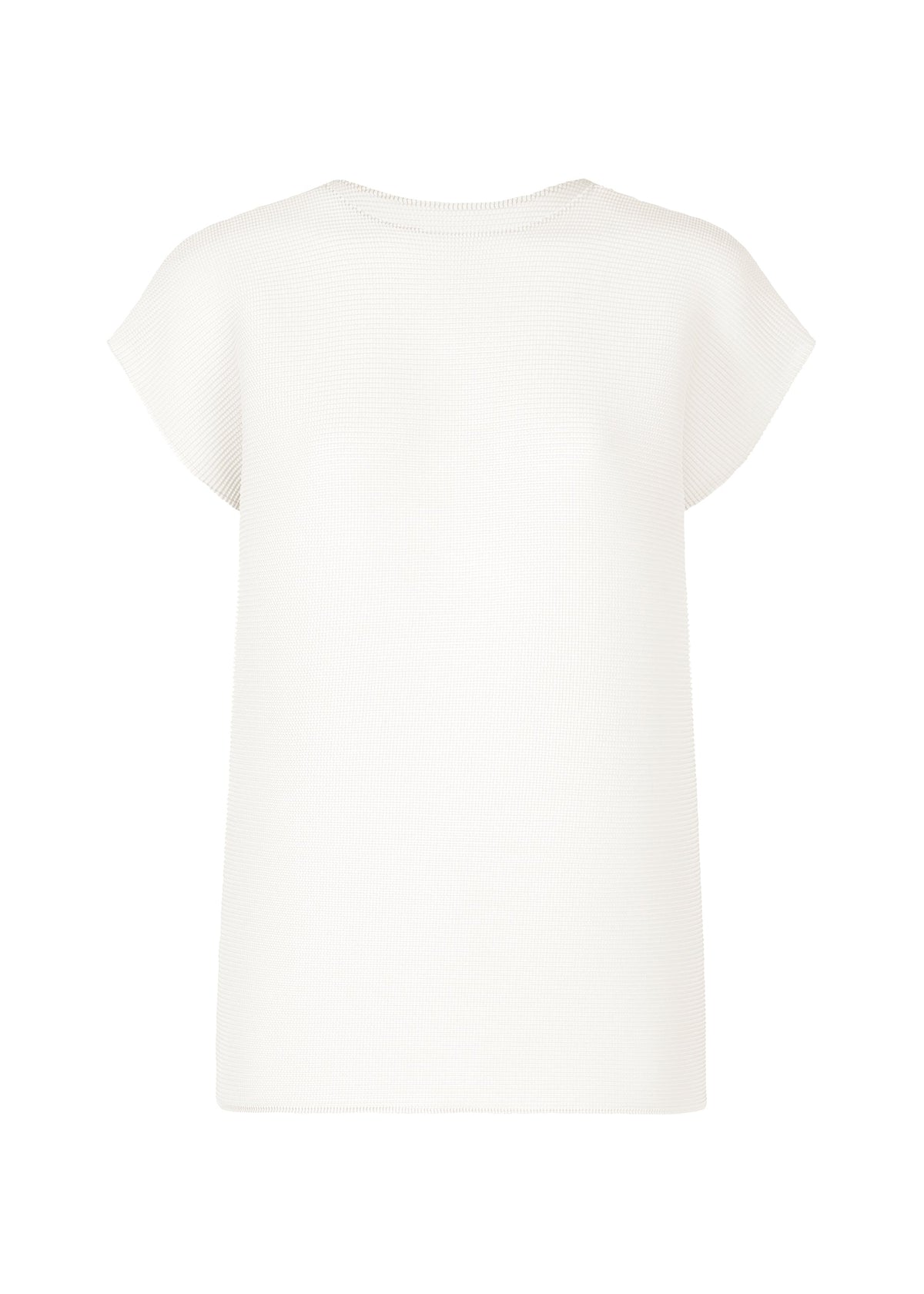 The back view shows the me ISSEY MIYAKE SQUARE STRETCH PLEATS top, a plain white, round-neck design with short French sleeves and a loose fit, set against a white background. view 1 of 7