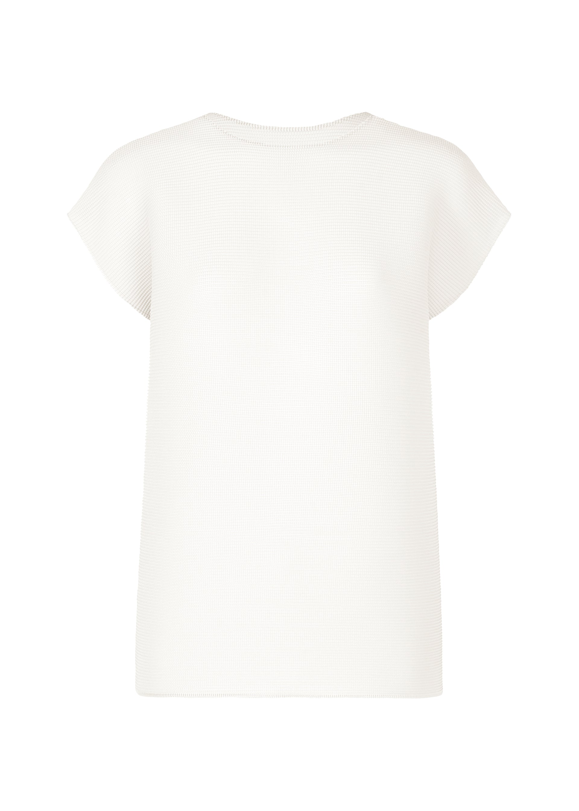 Zoomed view The back view shows the me ISSEY MIYAKE SQUARE STRETCH PLEATS top, a plain white, round-neck design with short French sleeves and a loose fit, set against a white background. - WHITE （no.01）