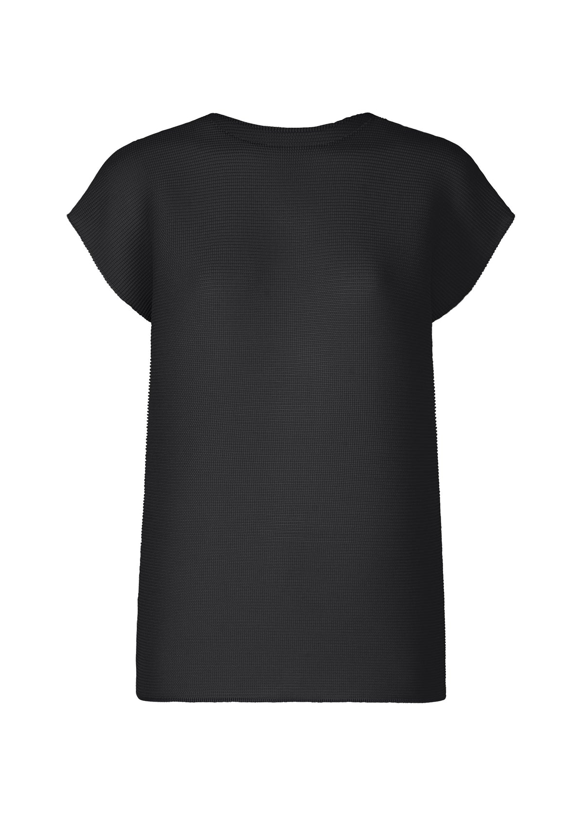 The SQUARE STRETCH PLEATS top by me ISSEY MIYAKE is shown from the back on a white background. This plain black, round-neck piece features French sleeves and a loose fit with no visible logos or patterns. view 2 of 7