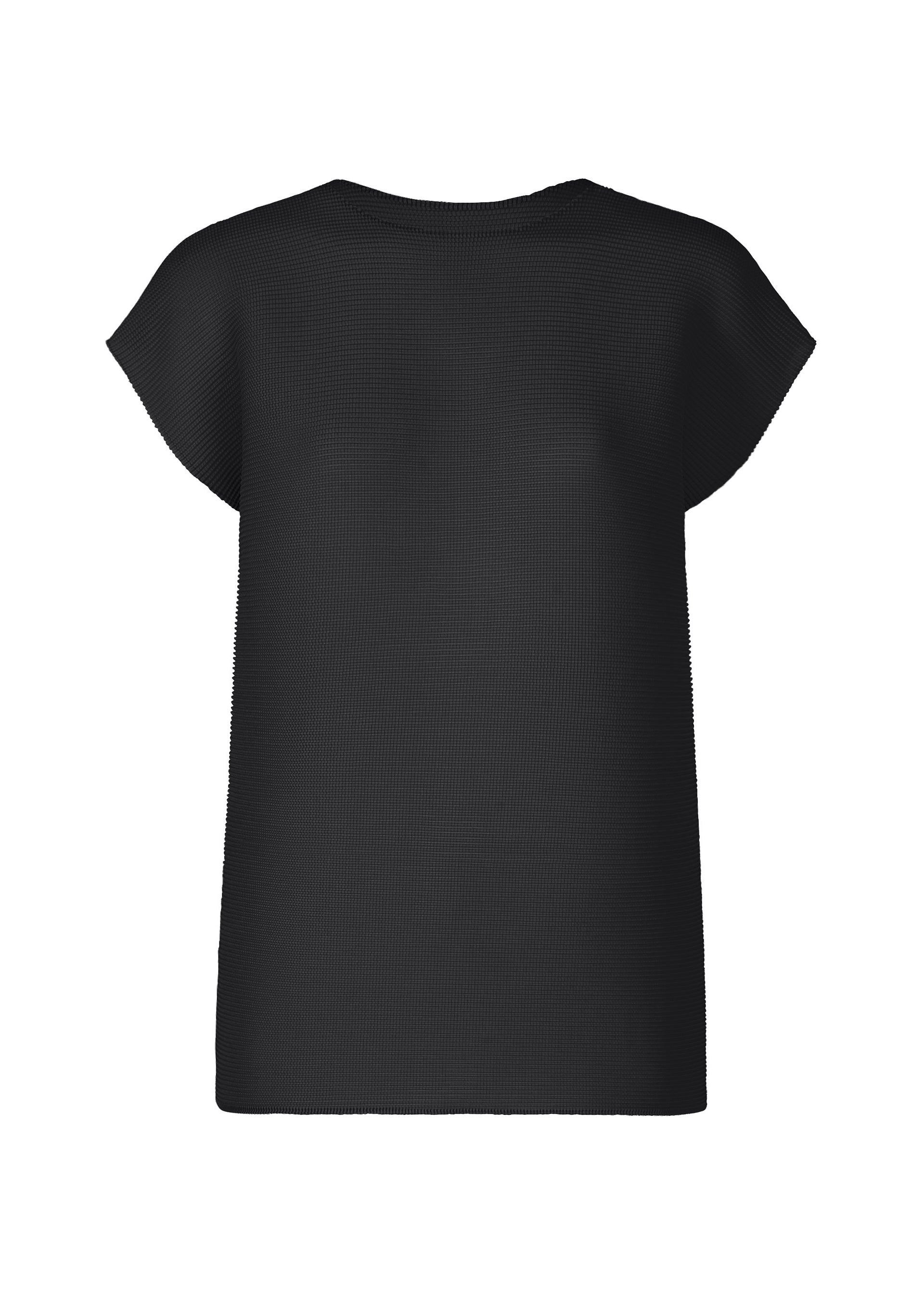 Zoomed view The SQUARE STRETCH PLEATS top by me ISSEY MIYAKE is shown from the back on a white background. This plain black, round-neck piece features French sleeves and a loose fit with no visible logos or patterns. - BLACK （no.15）