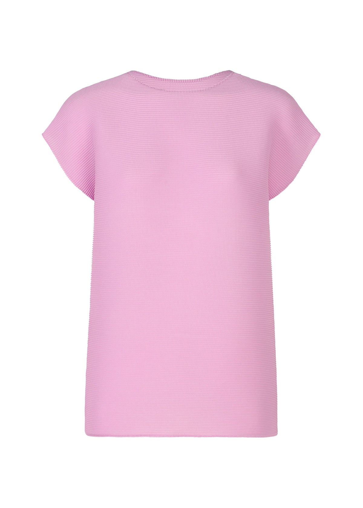 The SQUARE STRETCH PLEATS by me ISSEY MIYAKE is a plain, light pink short-sleeve round-neck top, shown from the back against a white background. view 3 of 7